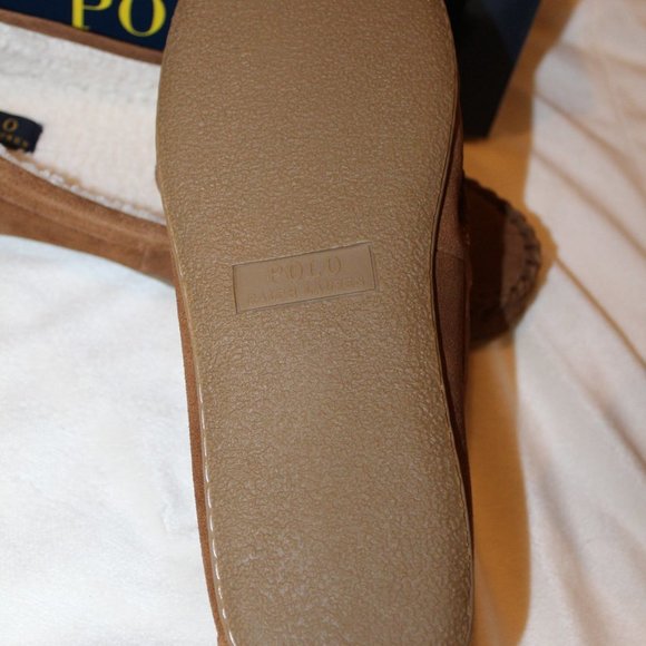 NIB POLO RALPH LAUREN MEN'S SUEDE FUR LINED‎ BEAR BROWN SLIP ON SLIPPERS - Picture 7 of 7
